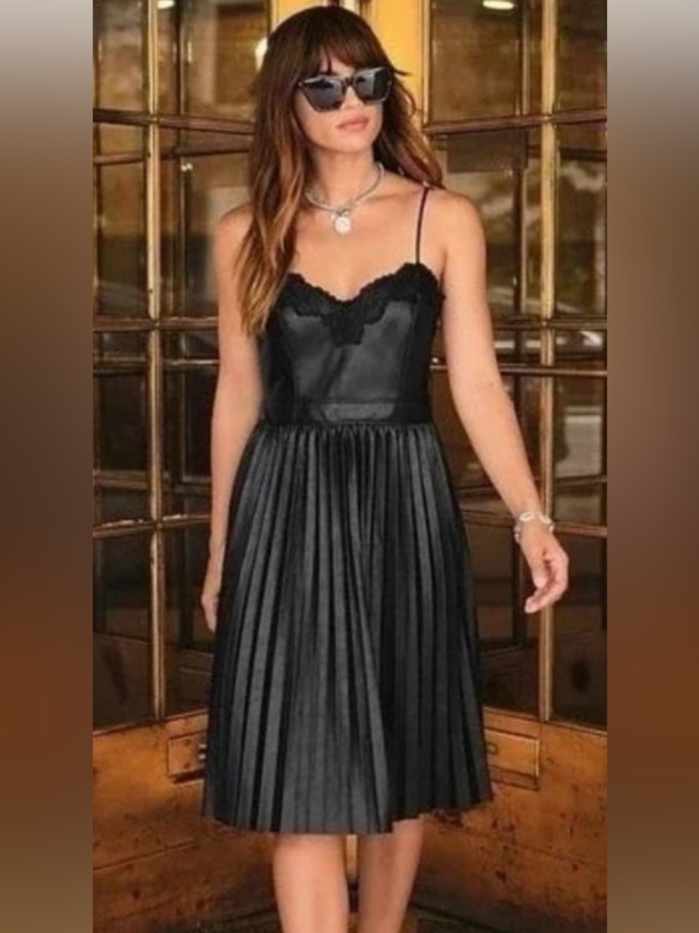 Express Black Pleated Midi Dress with Lace Trim